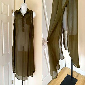 Lapel Collar Button Up Curved Hem Side-Slit Green Chiffon Long Blouse Shirt Sz L